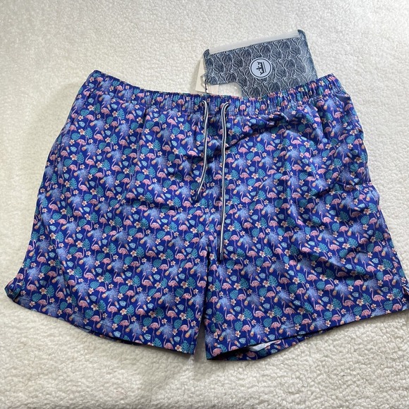 Peter Millar Tropical Flock Swim Trunks Mens 2XL Blue Flamingo Stretch Pouch